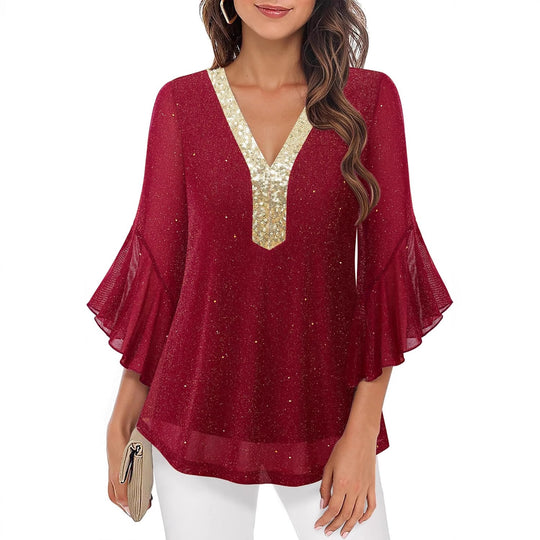 Damen Festliche Mesh-Bluse mit V-Ausschnitt, Paillettenbesatz und Volantärmeln Shop Nory