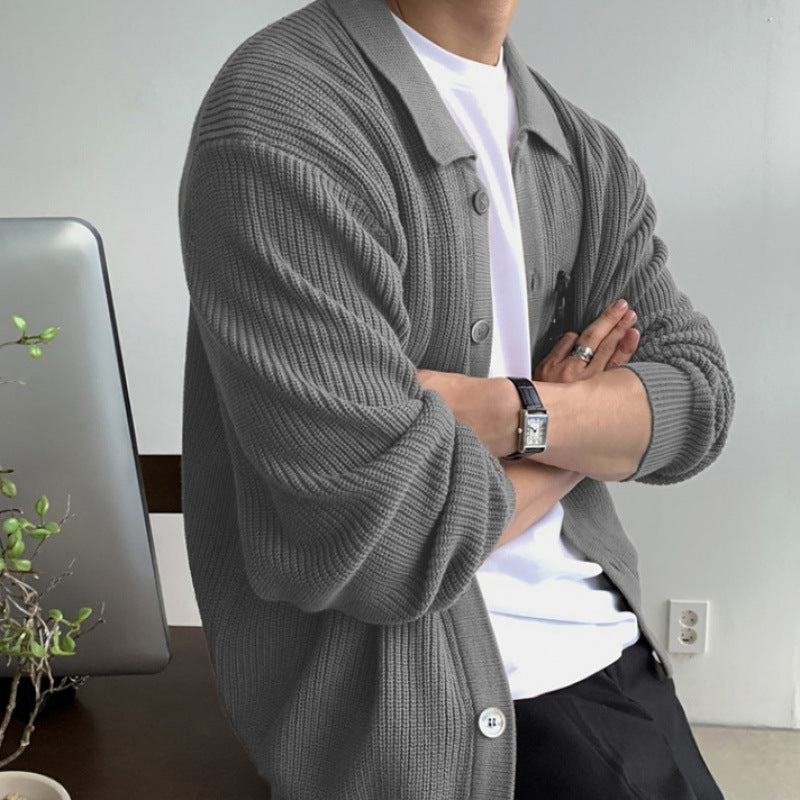 Unisex Grobgerippte Strickjacke mit Hemdkragen und durchgehender Knopfleiste Shop Nory