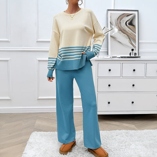 Damen nan lässiges Strick-Lounge-Set mit gestreiftem Rundhals-Pullover, Raglanärmeln und weiten taillenhohen Hosen Shop Nory