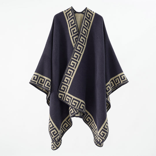 Damen Wollmix-Cape mit griechisch inspiriertem Bordürmuster und offenem Kimonofall Shop Nory