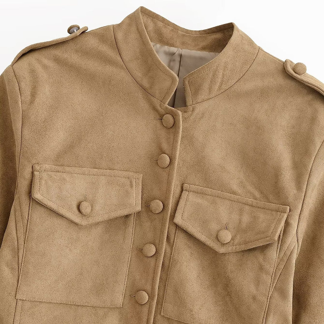 Damen taillierte Safari-Jacke in Velourslederoptik mit Pattentaschen Shop Nory