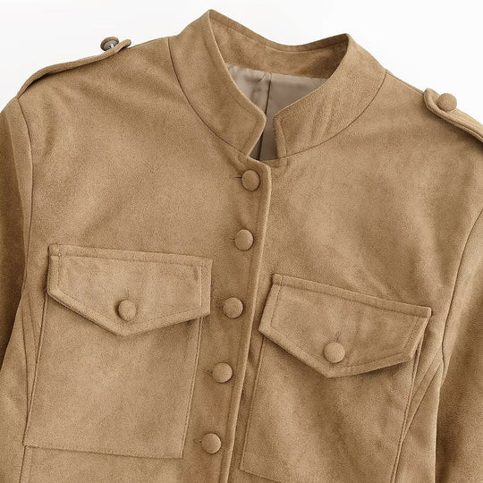 Damen taillierte Safari-Jacke in Velourslederoptik mit Pattentaschen Shop Nory