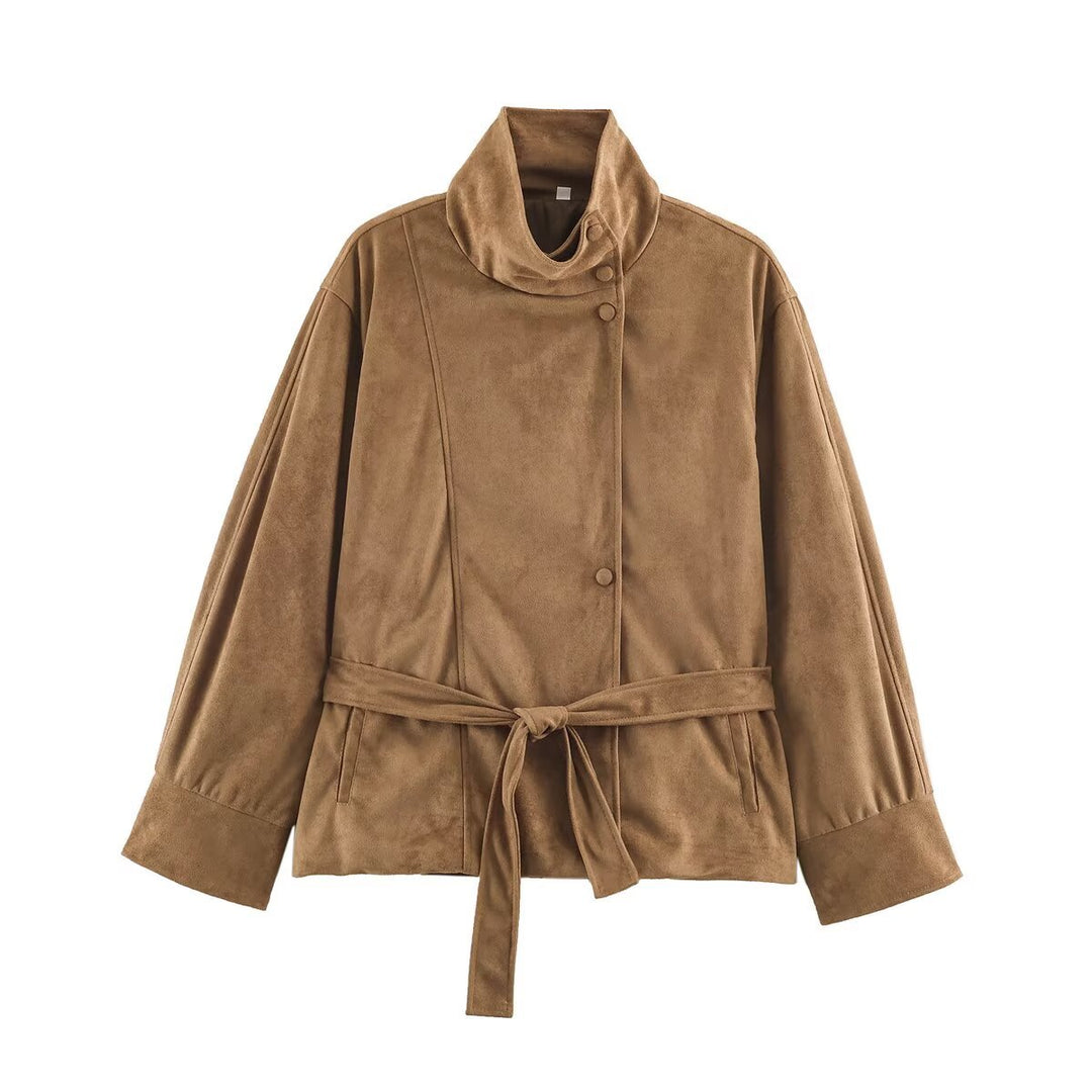 Damen Boxy-Wickeljacke in Veloursoptik mit hohem Stehkragen und Bindegürtel Shop Nory