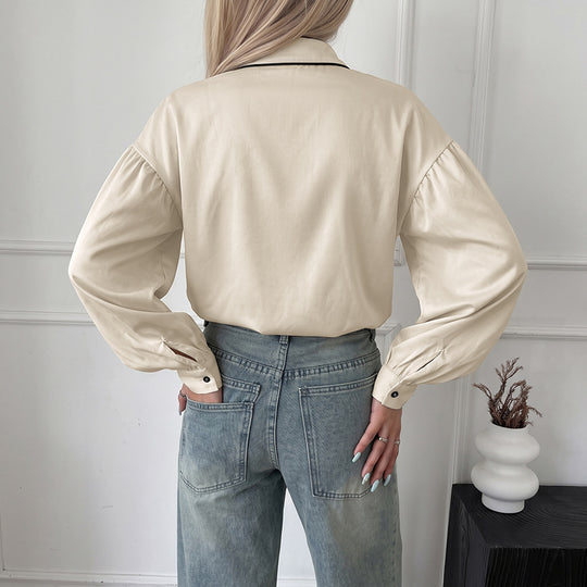 Damen Bluse mit Stehkragen, kontrastierender Paspelierung und Ballonärmeln Shop Nory