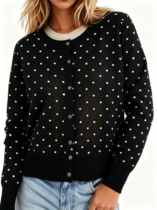 Damen Gepunktete Feinstrick-Cardigan mit Rundhals und Rippbündchen Shop Nory