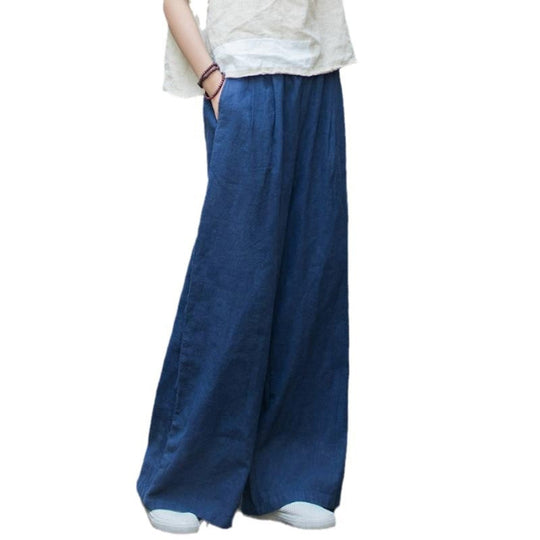 Damen weit geschnittene Leinenhose mit elastischem Bund und praktischen Taschen