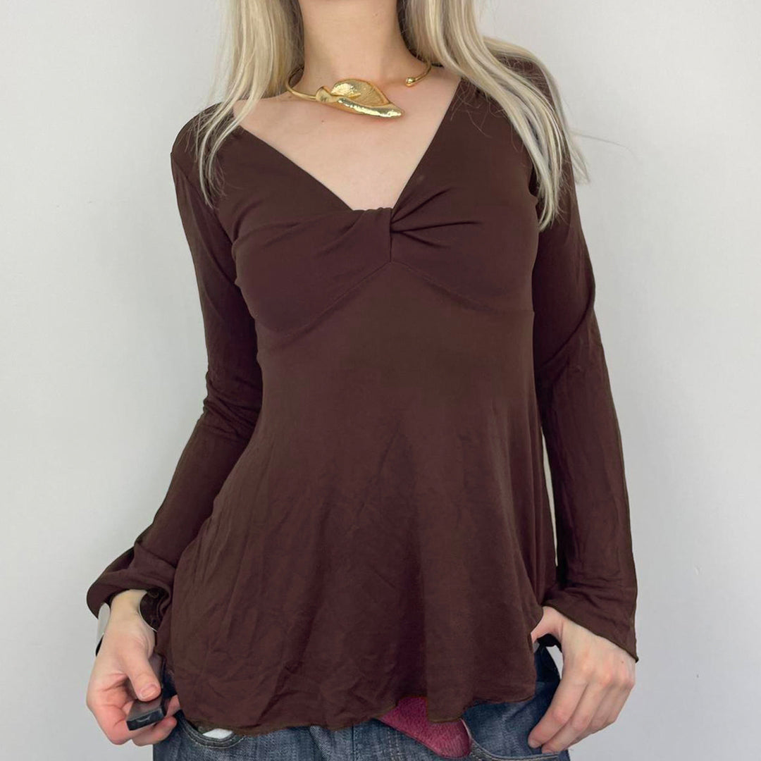 Damen nan figurbetontes Langarmshirt mit Drapé-Vorderteil und gehäkelter Mittelapplikation Shop Nory