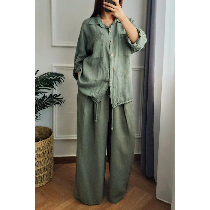 Damen Leinen-Set mit weiten Hosen undlässiger Bluse