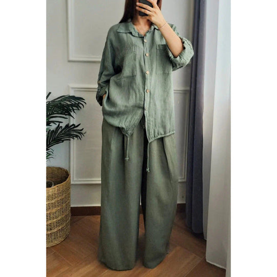 Damen Leinen-Set mit weiten Hosen undlässiger Bluse