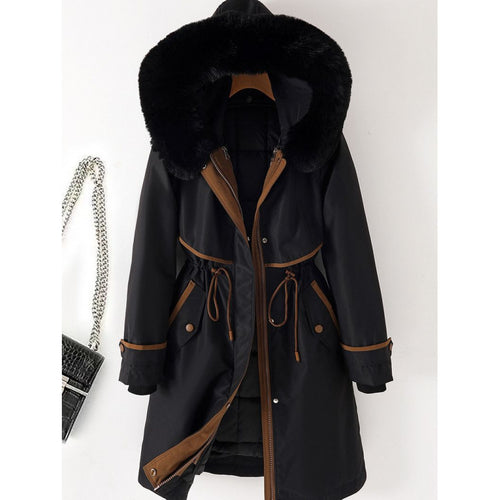 Damen nan langer Parka mit Kunstfellkapuze Taillenzug und kontrastierten Paspeln Shop Nory
