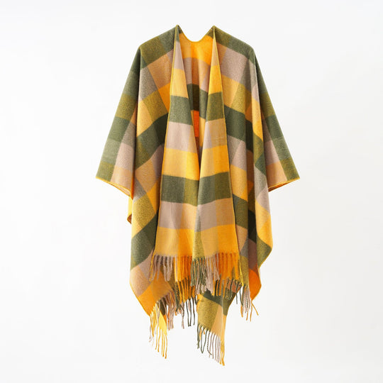 Damen Oversize-Wrapponcho aus Wollmix mit grafischem Rautenmuster und Fransensaum Shop Nory