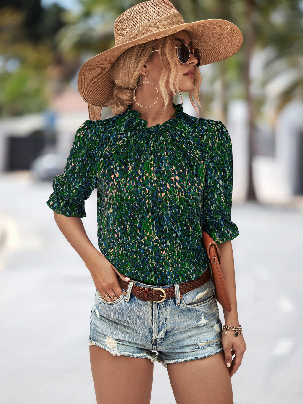 Damen Elegante Bluse mit Raffungen und botanischem Muster Shopnory