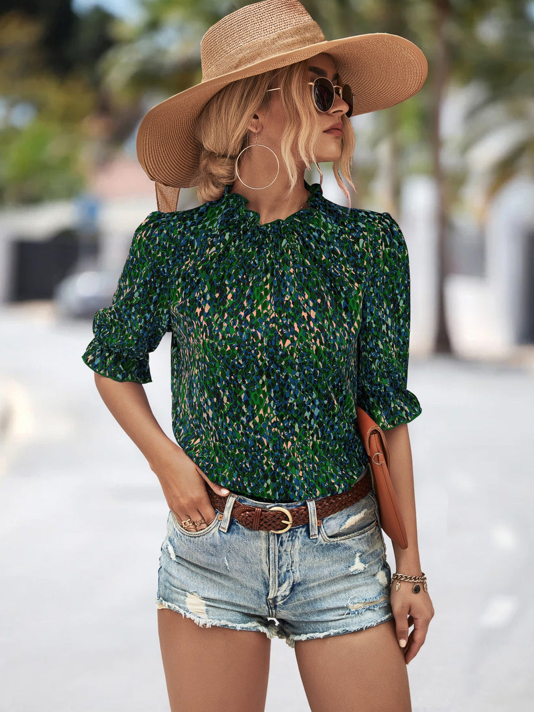 Damen Elegante Bluse mit Raffungen und botanischem Muster Shopnory