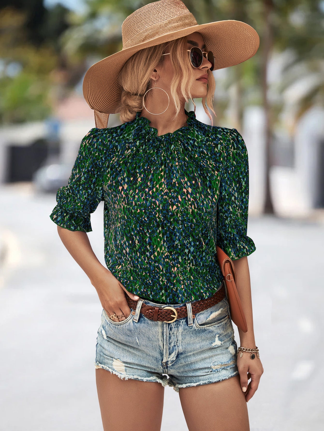 Damen Elegante Bluse mit Raffungen und botanischem Muster Shopnory