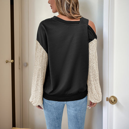Damen Asymmetrisches Sweatshirt mit Schulterauschnitt und Paillettenstrickärmeln Shop Nory