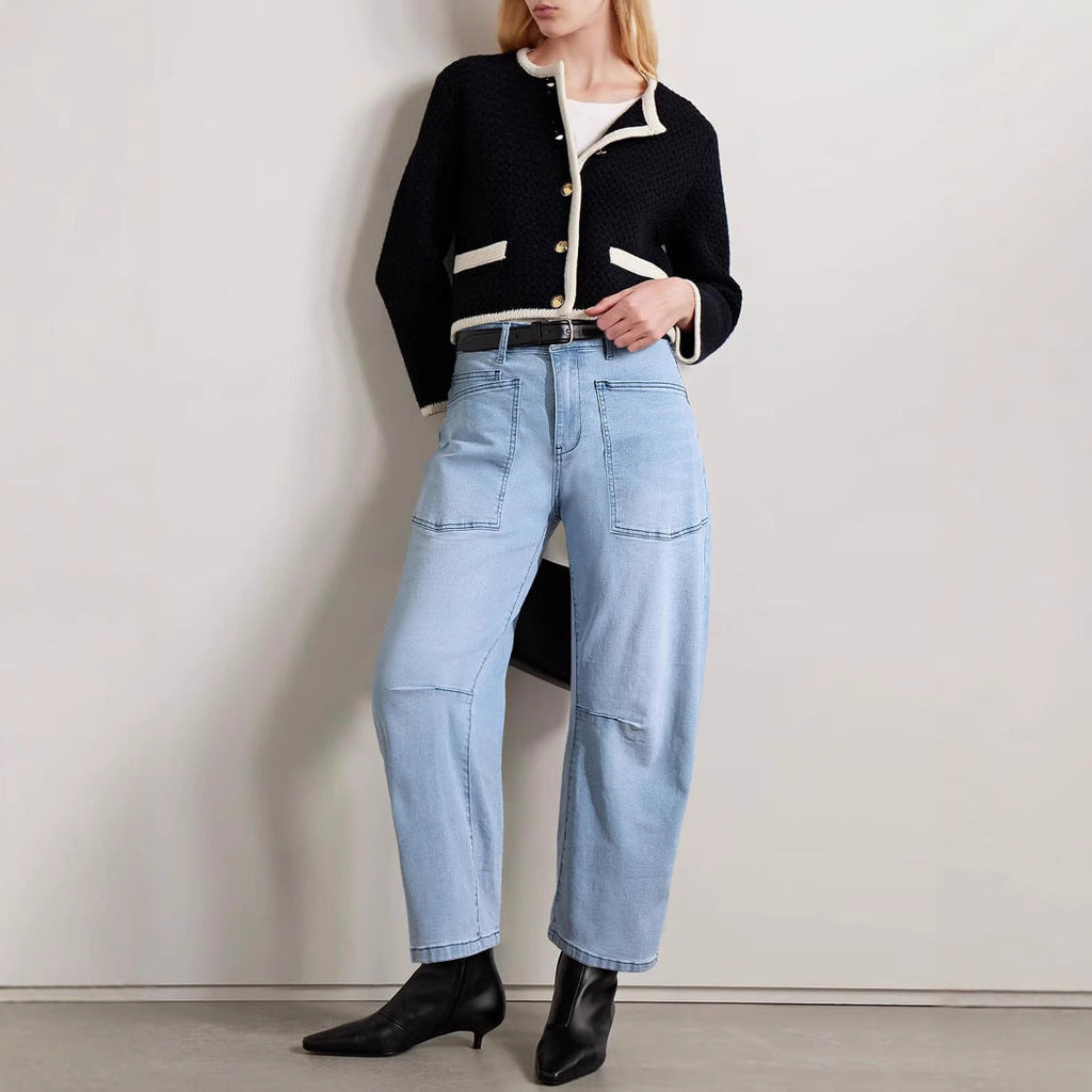 Damen halbhohe Denim-Hose mit einzigartigen aufgesetzten Taschen Shopnory