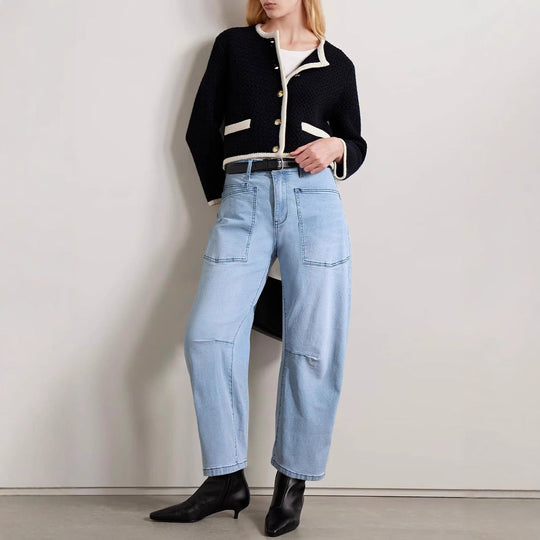 Damen halbhohe Denim-Hose mit einzigartigen aufgesetzten Taschen Shopnory