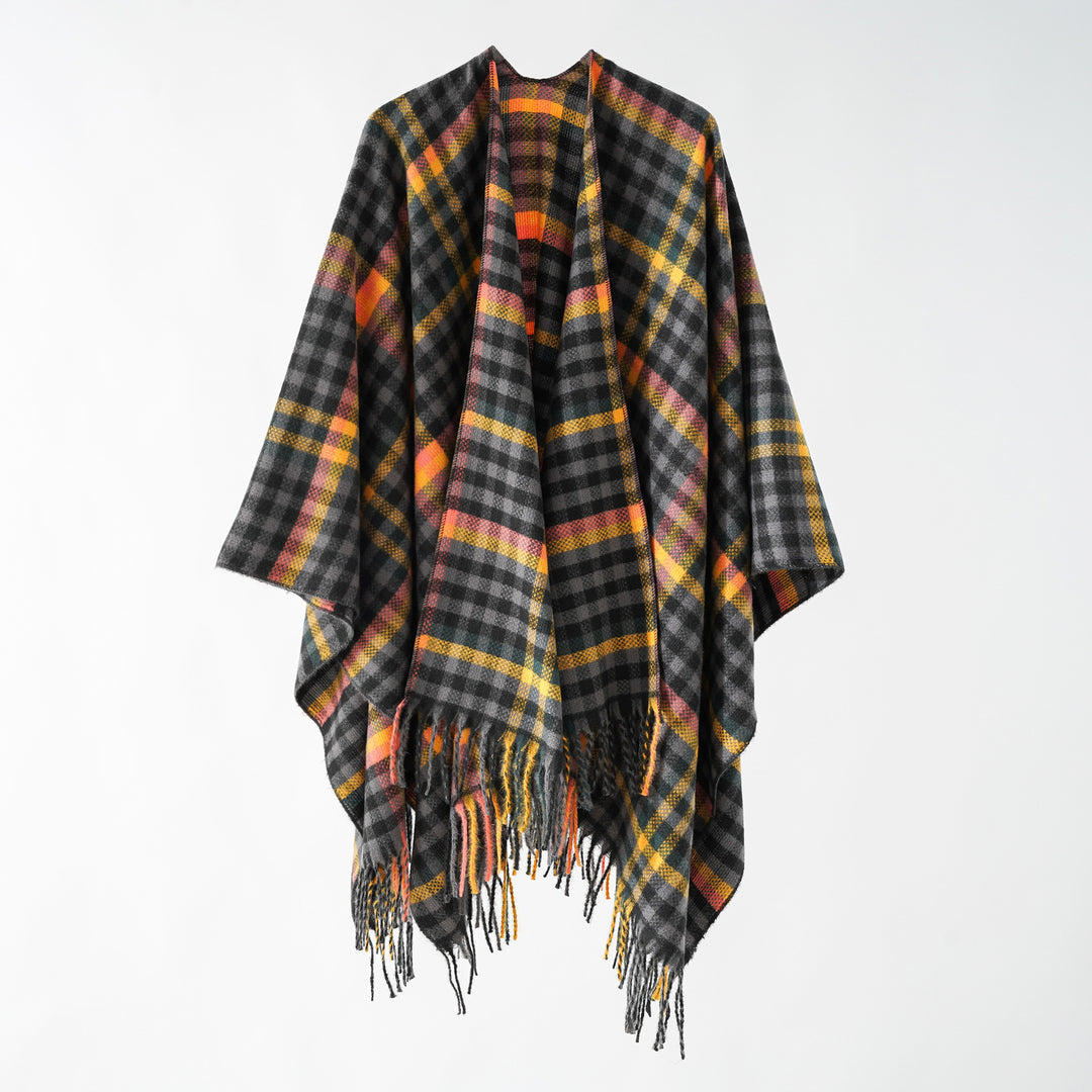 Damen Karierter Wollmix Poncho mit Fransen und offenem Oversize Fall Shop Nory