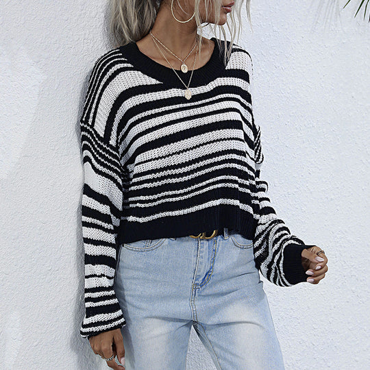Damen Cropped-Strickpullover mit Off-Shoulder, lockerer Oversize-Passform & Streifenmuster Shop Nory