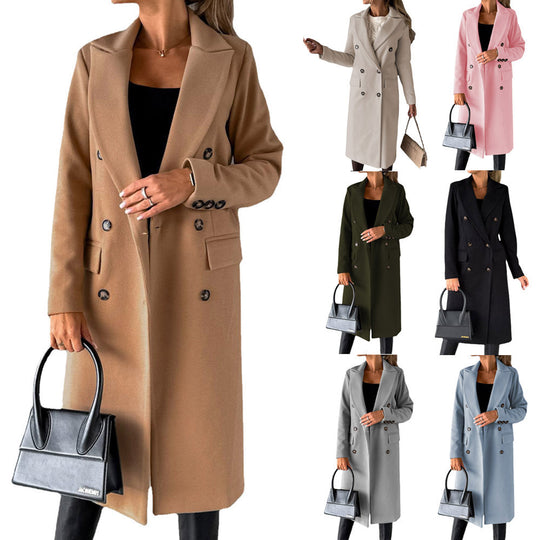 Damen klassischer langer Doppelreiher Mantel mit Reverskragen und Pattentaschen Shop Nory