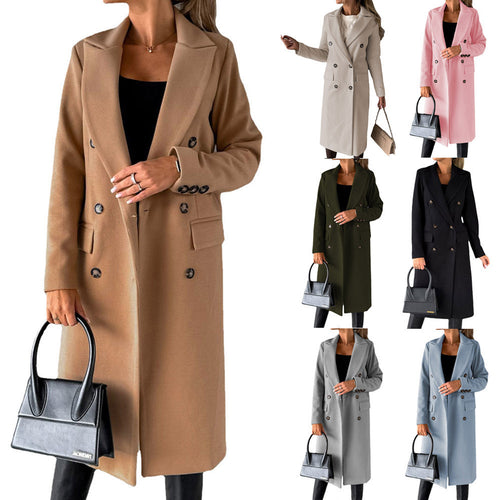 Damen klassischer langer Doppelreiher Mantel mit Reverskragen und Pattentaschen Shop Nory
