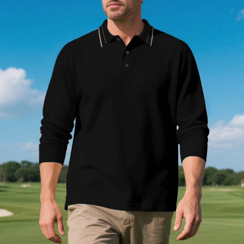 Herren elegantes Langarm-Polohemd mit kontrastierendem Kragen und modischen Knopfdetails