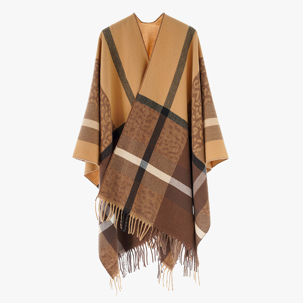 Damen Übergroßer Poncho mit Fransen und Karomuster Shop Nory