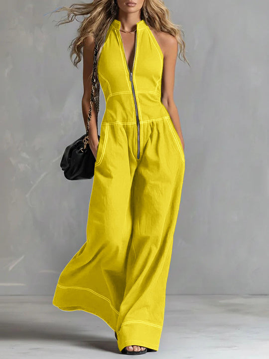Damen Ärmelloser Halter-Jumpsuit mit Reißverschluss, weitem Bein und Eingrifftaschen Shop Nory