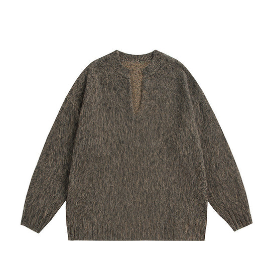 Unisex Oversize-Flauschpullover mit V-Schlitzkragen und Bouclé-Optik Shop Nory