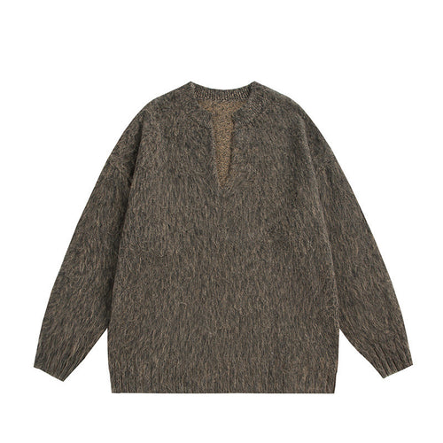 Unisex Oversize-Flauschpullover mit V-Schlitzkragen und Bouclé-Optik Shop Nory