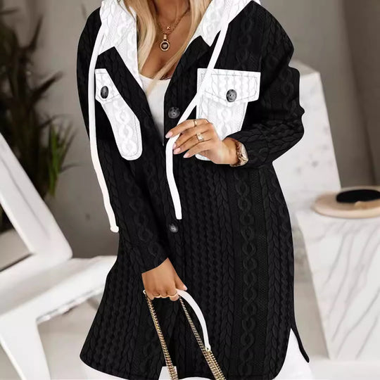 Damen Longline-Strickmantel mit Kapuze, Zierknöpfen und Kontrasttaschen Shop Nory