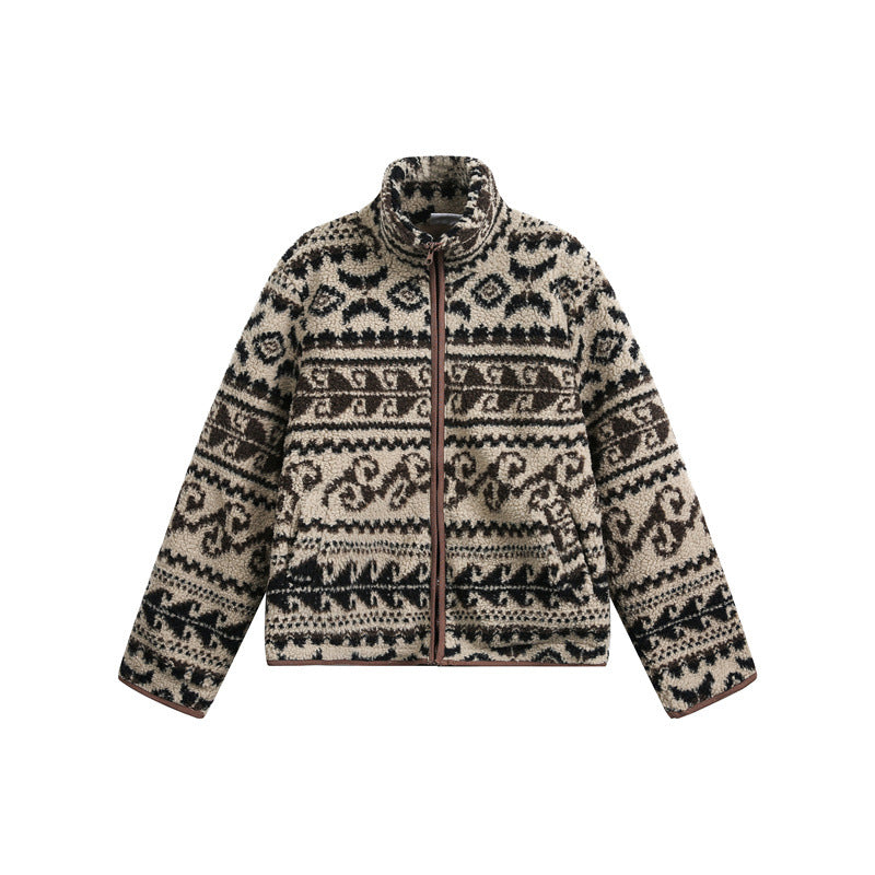 Unisex Kurz geschnittene Teddyfleecejacke mit Stehkragen und Norwegerstruktur Shop Nory