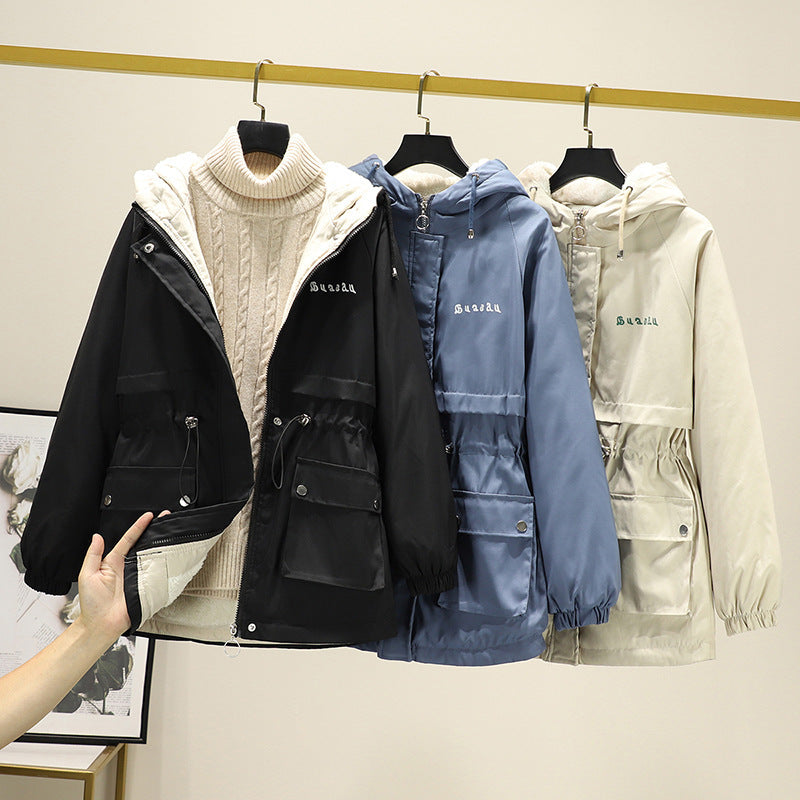 Damen Wasserabweisender Kapuzenparka mit Teddyfutter Tunnelzugtaillierung und Mehrfachtaschen Shop Nory