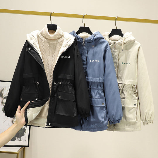 Damen Wasserabweisender Kapuzenparka mit Teddyfutter Tunnelzugtaillierung und Mehrfachtaschen Shop Nory