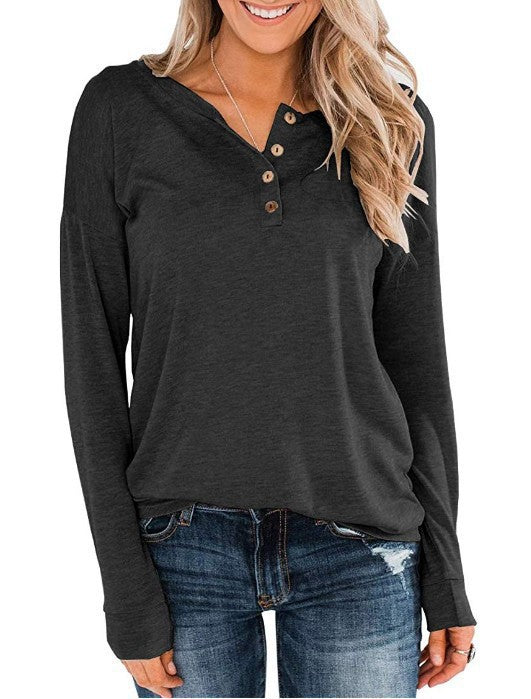 Damen modisches Langarm-Henley-Shirt mit Knopfleiste