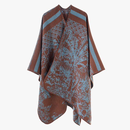 Damen Jacquard-Strickcape mit Stehkragen und grafischem Waldmotiv Shop Nory