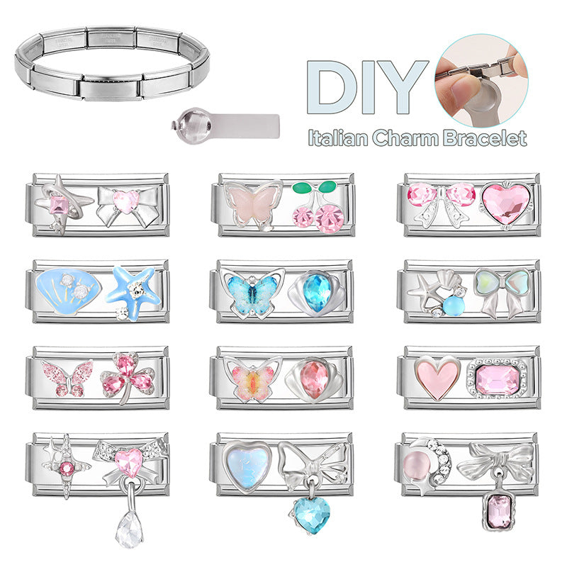 Modulare Charms-Anhänger mit Kristall-Schleife und Herzmotiven