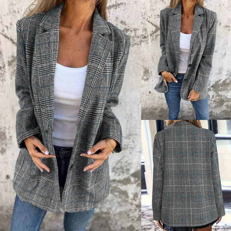Damen Lockerer Glencheck-Blazer mit Reverskragen, Pattentaschen und Ein-Knopf-Verschluss Shop Nory