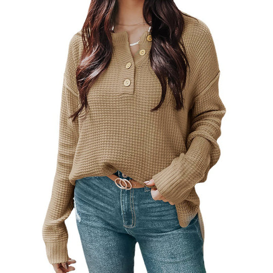 Damen nan lockerer Waffelstruktur Henley Pullover mit Knopfleiste und überschnittener Schulter Shop Nory