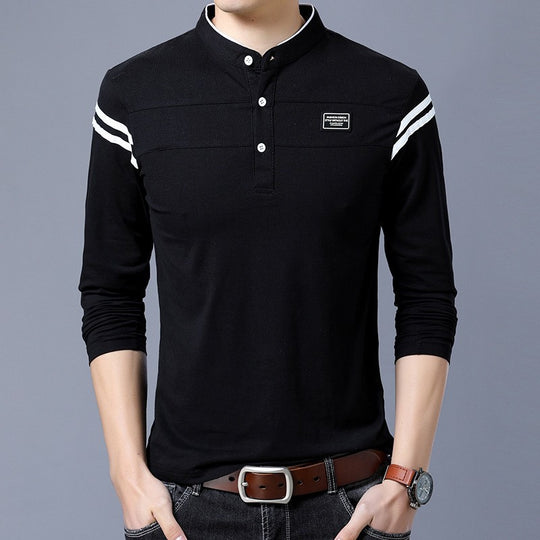 Herren Slim-Fit Langarm-Henley mit Stehkragen und Schulterstreifen Shop Nory