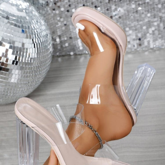 Damen Zweistreifige Mule-Sandalette mit transparenten PVC-Riemen und facettiertem Acrylblockabsatz Shop Nory