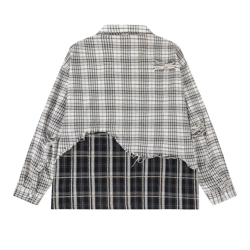 Unisex Oversize-Hemdjacke mit Lagenlook, ausgefranstem Saum und Karomix Shop Nory