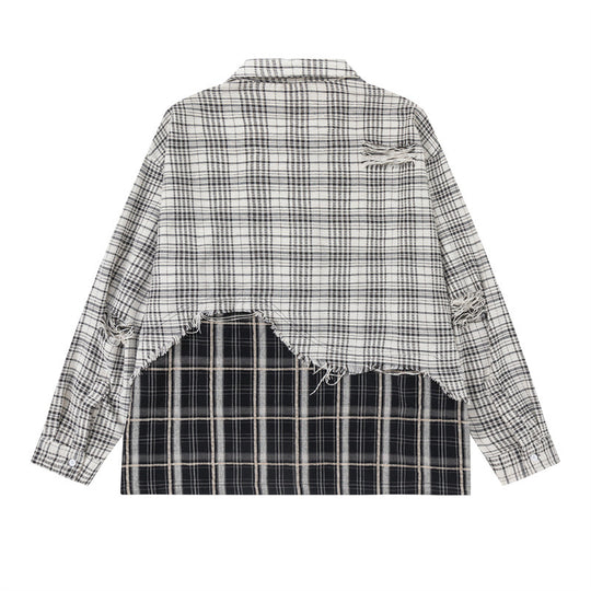 Unisex Oversize-Hemdjacke mit Lagenlook, ausgefranstem Saum und Karomix Shop Nory