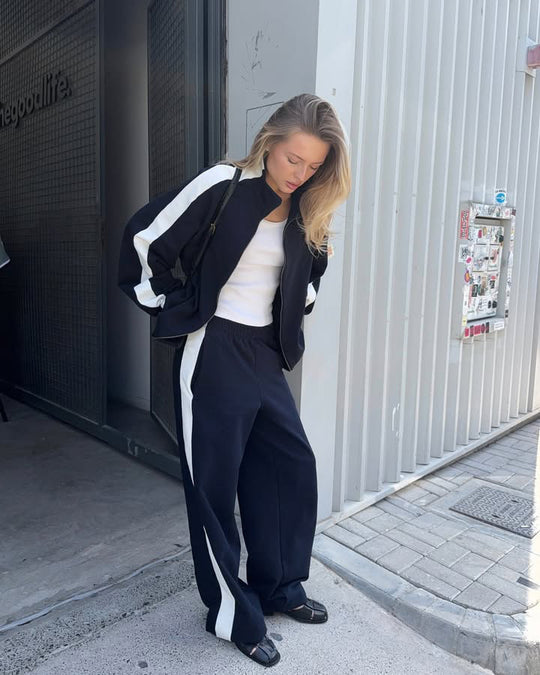 Damen gekürztes Zip-Hoodie mit elastischem Saum und hochgeschnittener High-Waist-Lounge-Jogginghose aus softem French-Terry Shop Nory
