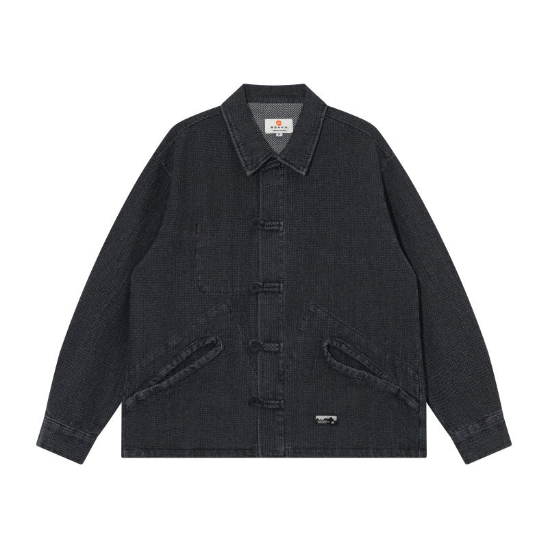 Herren Kurz geschnittene Denim-Chorejacke im Boxy-Blousonstil mit chinesischer Knebelknopfleiste Shop Nory