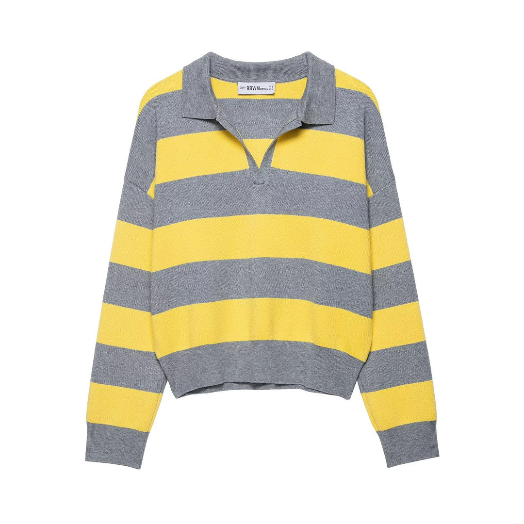 Damen Oversize Streifen-Rugby-Pullover mit offenem Polokragen und V-Ausschnitt Shop Nory