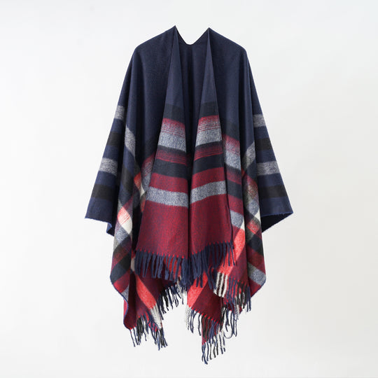 Damen Grobgewebte Cape‑Ruana im Oversize mit verlaufendem Karomuster und Fransensaum Shop Nory