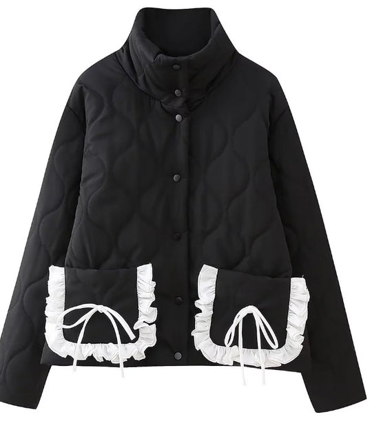 Damen Steppjacke mit Stehkragen und kontrastverzierten Rüschen-Taschen Shop Nory