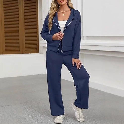 Damen nan zweiteiliges Lounge-Set mit Kapuzenjacke Reißverschluss und weiter Hose mit hohem Bund aus Sweatstoff Shop Nory