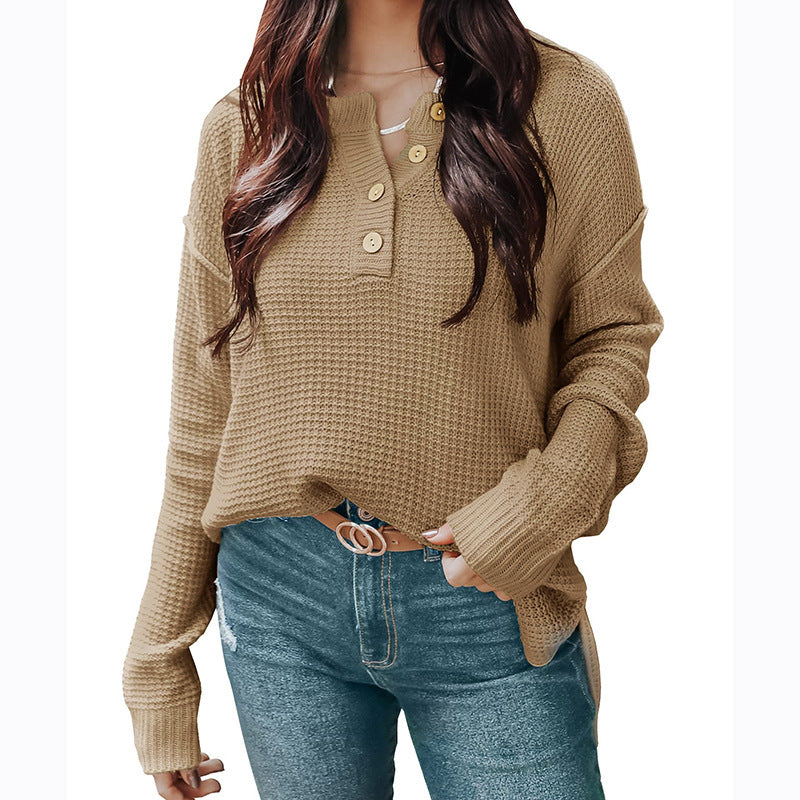 Damen nan lockerer Waffelstruktur Henley Pullover mit Knopfleiste und überschnittener Schulter Shop Nory
